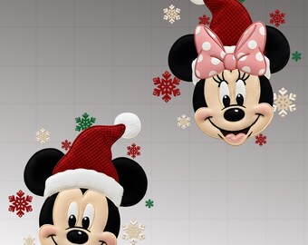 Faux Applique  Minnie And Minnie Christmas PNG Bundle, Faux Yarn Mouse Holiday Cartoon Sublimation Design