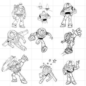 May include: A collection of black and white line art illustrations of Buzz Lightyear from the Toy Story franchise. The images depict Buzz in various action poses, including flying, running, and striking heroic stances. The artwork is detailed and dynamic.