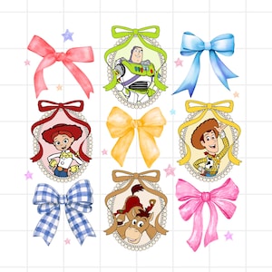 May include: Nine colourful bows and character portraits from the Toy Story franchise. The bows are in shades of pink, blue, yellow, and gingham. The character portraits include Buzz Lightyear, Jessie, Woody, and Bullseye.