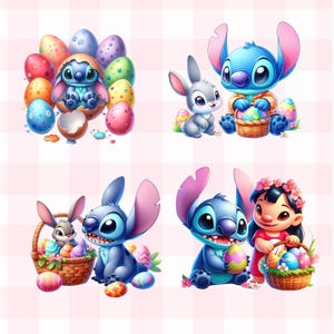 Könnte beinhalten: Vier Illustrationen von Stitch aus Lilo & Stitch. Das erste Bild zeigt Stitch in einem zerbrochenen Osterei mit bunten Ostereiern um ihn herum. Das zweite Bild zeigt Stitch, der einen Korb mit Ostereiern hält, neben ihm ein Kaninchen. Das dritte Bild zeigt Stitch, der ein Osterei hält, neben ihm ein kleinerer Stitch. Das vierte Bild zeigt Stitch, der ein Osterei hält, neben ihm ein Mädchen mit einer Blumenkrone.