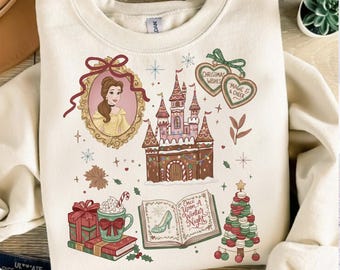 PNG de princesa navideña vintage, PNG de cuento de hadas navideño, La Bella y la Bestia, PNG de cuento tan antiguo como el tiempo, PNG de Bella navideña