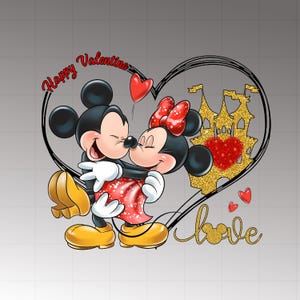 Op de afbeelding: Een Valentijnsdagafbeelding met Mickey en Minnie Mouse die elkaar omarmen in een hartvormige omtrek. De afbeelding bevat een kasteel, harten en de woorden "Happy Valentine" en "love". De personages dragen hun klassieke outfits.
