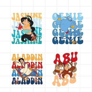 May include: Four colorful illustrations featuring characters from the animated film Aladdin. Jasmine, Genie, Aladdin, and Abu are depicted with their names in retro-style text. The images use a palette of blue, orange, and red.