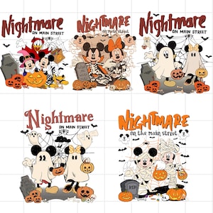 May include: A collection of Halloween-themed designs featuring Disney characters. The designs include Mickey and Minnie Mouse, Donald Duck, and Pluto, with pumpkins, tombstones, and spiderwebs. The text "Nightmare on Main Street" is displayed in a spooky font.
