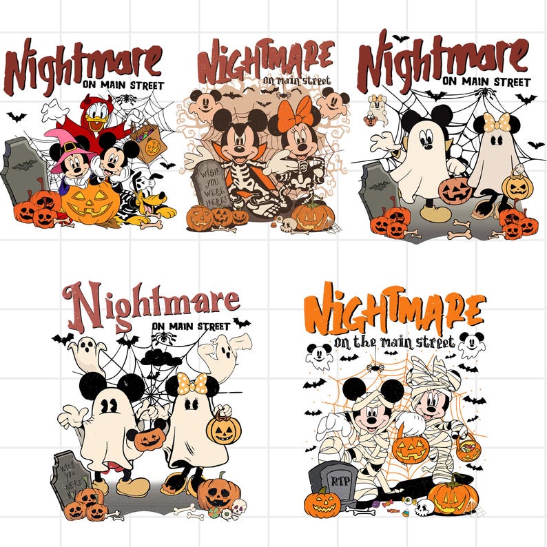May include: A collection of Halloween-themed designs featuring Disney characters. The designs include Mickey and Minnie Mouse, Donald Duck, and Pluto, with pumpkins, tombstones, and spiderwebs. The text "Nightmare on Main Street" is displayed in a spooky font.