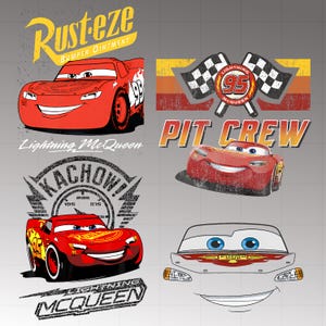 May include: A collage of Lightning McQueen graphics from the Cars movie. The designs include the red race car with the text "Rusteze Bumper Ointment", "Lightning McQueen", "Kachow!", and "Pit Crew".