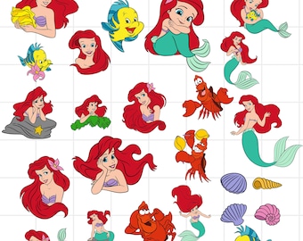 Pacote de clipart da Pequena Sereia PNG Svg, Ariel, clipart de sublimação de desenho animado, pacote de clipart com tema do filme da Pequena Sereia Ariel PNG Svg