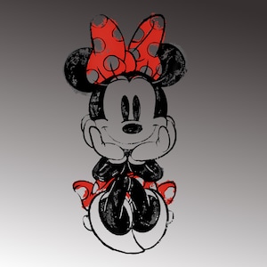 May include: A black and white illustration of Minnie Mouse with a red polka dot bow. Minnie Mouse is smiling and resting her chin on her hands. The image has a distressed, vintage look.