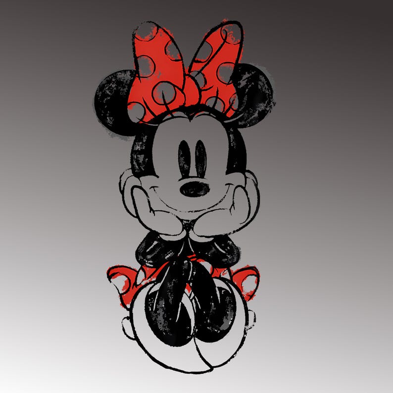 May include: A black and white illustration of Minnie Mouse with a red polka dot bow. Minnie Mouse is smiling and resting her chin on her hands. The image has a distressed, vintage look.