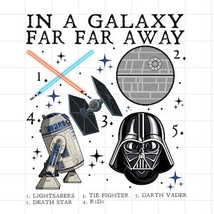 May include: Illustration of iconic elements from a galaxy far, far away. Depicts lightsabers, the Death Star, a TIE fighter, R2-D2, and Darth Vader's helmet. The text "IN A GALAXY FAR FAR AWAY" is at the top.