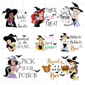 Puede incluir: Una colección de gráficos con temática de Halloween que presentan a princesas de Disney con sombreros de bruja. Cada gráfico incluye texto como "Trick or Treat", "Spookiest of Them All" y "Pick Your Poison", junto con murciélagos y telarañas.