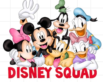 May include: A group of Disney characters including Mickey Mouse, Minnie Mouse, Goofy, Donald Duck, and Pluto. The characters are all smiling and looking at the viewer. The text "DISNEY SQUAD" is written in red letters below the characters.
