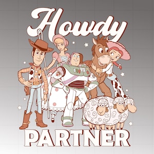 Puede incluir: Gr&aacute;fico en tonos sepia con personajes de la franquicia Toy Story. La palabra "Howdy" est&aacute; arqueada sobre los personajes, con la palabra "Partner" debajo. Los personajes incluyen a Woody, Buzz Lightyear, Jessie, Bo Peep y un caballo.