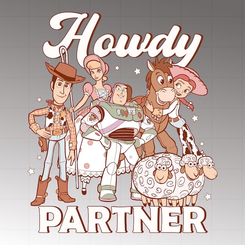 Puede incluir: Gr&aacute;fico en tonos sepia con personajes de la franquicia Toy Story. La palabra "Howdy" est&aacute; arqueada sobre los personajes, con la palabra "Partner" debajo. Los personajes incluyen a Woody, Buzz Lightyear, Jessie, Bo Peep y un caballo.
