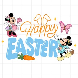 Peut inclure: Graphique coloré avec Mickey et Minnie Mouse célébrant Pâques. Minnie Mouse tient un œuf de Pâques et un panier, tandis que Mickey Mouse tient un panier. Les mots "Happy Easter" sont écrits en orange et bleu.