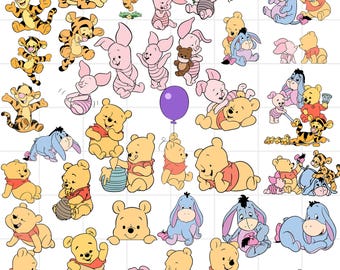 Puede incluir: Una colección de ilustraciones de dibujos animados con Winnie the Pooh, Piglet, Tigger y Eeyore. Los personajes están en varias poses, con un globo morado. Las ilustraciones son de colores brillantes y alegres.