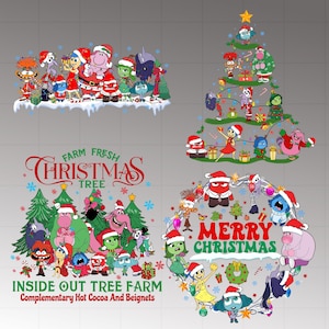 May include: A collage of Inside Out characters in Christmas-themed designs. The image includes a Christmas tree, a group of characters, and the text "Farm Fresh Christmas Tree" and "Merry Christmas". The characters are wearing Santa hats.