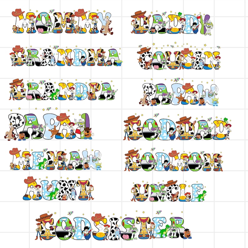 Puede incluir: Dise&ntilde;os de texto coloridos al estilo de dibujos animados con personajes de una popular pel&iacute;cula de animaci&oacute;n. Se muestran las palabras "Mommy", "Daddy", "Grandma", "Grandpa", "Papa", "God Dad", "God Mom", "Auntie", "Uncle" y "God Sister".