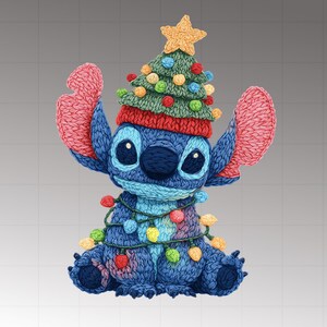 May include: A blue character with large ears, wearing a Christmas tree hat and wrapped in string lights. The hat is green with colorful ornaments and a gold star. The character's ears are pink, and the lights have yellow, red, and orange bulbs.