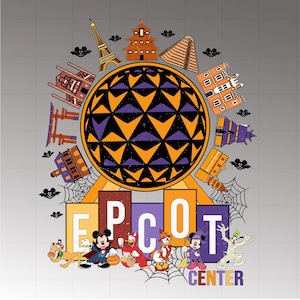 May include: A graphic design featuring the text "EPCOT CENTER" with Disney characters in Halloween costumes. The design includes a large globe with orange and purple geometric shapes, surrounded by iconic landmarks and bats.