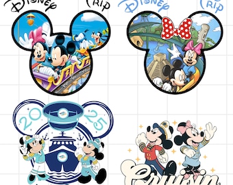 May include: Four different Disney trip designs featuring Mickey Mouse and Minnie Mouse. The first two designs are Mickey Mouse ears with a Disney trip theme. The third design is a Mickey Mouse head with a cruise ship theme and the text "2025 Let's Cruise". The fourth design is a Mickey Mouse and Minnie Mouse couple with the text "Cruisin".
