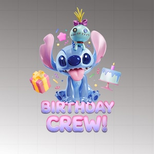May include: A blue cartoon character with large ears and a protruding tongue, topped with a small doll. A gift box and a cake are also present. The words "BIRTHDAY CREW!" are displayed in pink and purple.