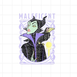 May include: Illustration of Maleficent from Disney's Sleeping Beauty, with a black crow perched on her shoulder. The image features a green-skinned Maleficent with a purple collar and the word "Maleficent" above her head in a light purple font.