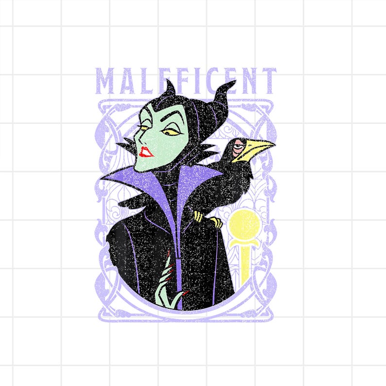 May include: Illustration of Maleficent from Disney's Sleeping Beauty, with a black crow perched on her shoulder. The image features a green-skinned Maleficent with a purple collar and the word "Maleficent" above her head in a light purple font.