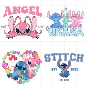 May include: Four colorful graphics featuring characters from the animated film Lilo & Stitch. One graphic shows Angel with the text "ANGEL EST 2004". Another shows Stitch, Angel, and a voodoo doll with the text "OHANA". The third shows Stitch and Angel in a heart shape. The last shows Stitch with the text "STITCH EST 2002".