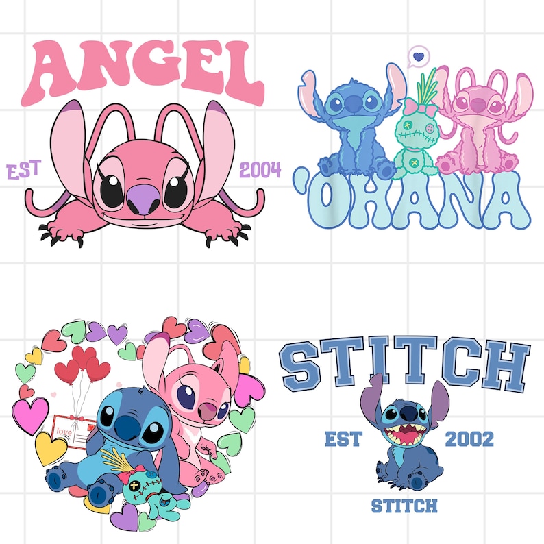 May include: Four colorful graphics featuring characters from the animated film Lilo & Stitch. One graphic shows Angel with the text "ANGEL EST 2004". Another shows Stitch, Angel, and a voodoo doll with the text "OHANA". The third shows Stitch and Angel in a heart shape. The last shows Stitch with the text "STITCH EST 2002".