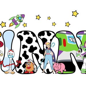 May include: A colorful graphic featuring the name "NINA" in a playful, cartoon style. Each letter is decorated with characters and elements from the Toy Story franchise, including Woody, Buzz Lightyear, and Jessie. Rockets and stars complete the design.