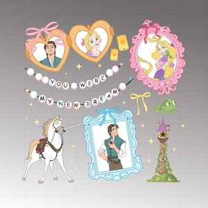 May include: A collection of cartoon illustrations featuring characters and elements from a fairy tale. Includes framed portraits, a horse, a tower, a frog, and a banner that reads "YOU WERE MY NEW DREAM."