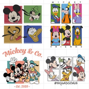 May include: A collection of cartoon character illustrations featuring Mickey Mouse, Goofy, Donald Duck, Pluto, and Minnie Mouse. The image includes the text "Mickey & Co. - Est. 1928" and "Mickey and Friends" and "#SquadGoals".