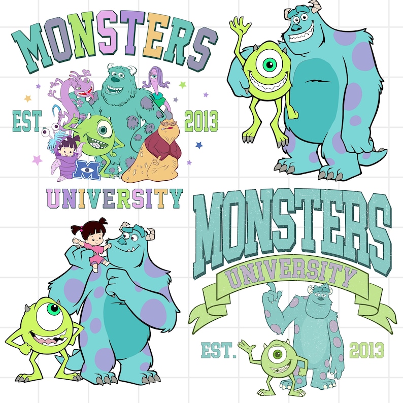 Puede incluir: Una ilustraci&oacute;n colorida del logotipo de la Universidad de Monstruos con el texto "Monsters University" y "Est. 2013". El logotipo presenta un monstruo azul con un solo ojo y un monstruo verde con tres ojos.