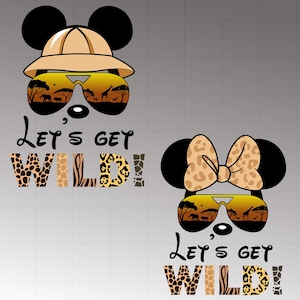 May include: Two cartoon character designs with safari-themed sunglasses and the phrase "Let's Get Wild!". One character wears a safari hat, the other a bow. The word "WILD" is in animal print.