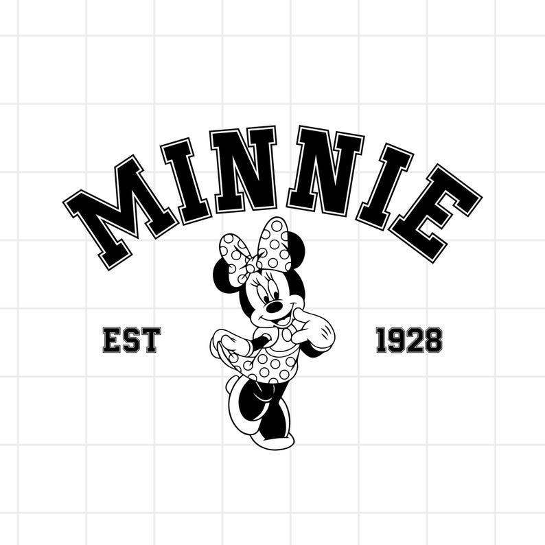 May include: Black and white graphic of Minnie Mouse with a polka dot bow and dress. The word "MINNIE" arches above her, with "EST 1928" below. The design is on a white grid background.