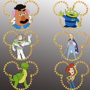 May include: Six colorful cartoon character illustrations from the Toy Story franchise. Each character is set within a gold glitter Mickey Mouse ear outline. Characters include Mr. Potato Head, Buzz Lightyear, Rex, Woody, Bo Peep, and the Little Green Alien.