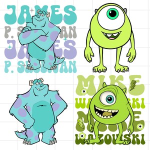 May include: Four cartoon character illustrations. Two are blue with purple spots, labeled "James P. Sullivan". The other two are green, one-eyed monsters, labeled "Mike Wazowski". The background has the characters' names.