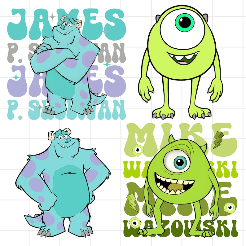 May include: Four cartoon character illustrations. Two are blue with purple spots, labeled "James P. Sullivan". The other two are green, one-eyed monsters, labeled "Mike Wazowski". The background has the characters' names.