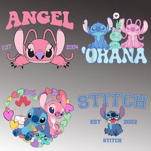 May include: Four cartoon images featuring characters from Lilo & Stitch. One image shows a pink character with the word "ANGEL" above it and "EST 2004" below. Another shows blue and pink characters with the word "OHANA". The third shows the characters in a heart shape. The last shows a blue character with the word "STITCH" and "EST 2002".