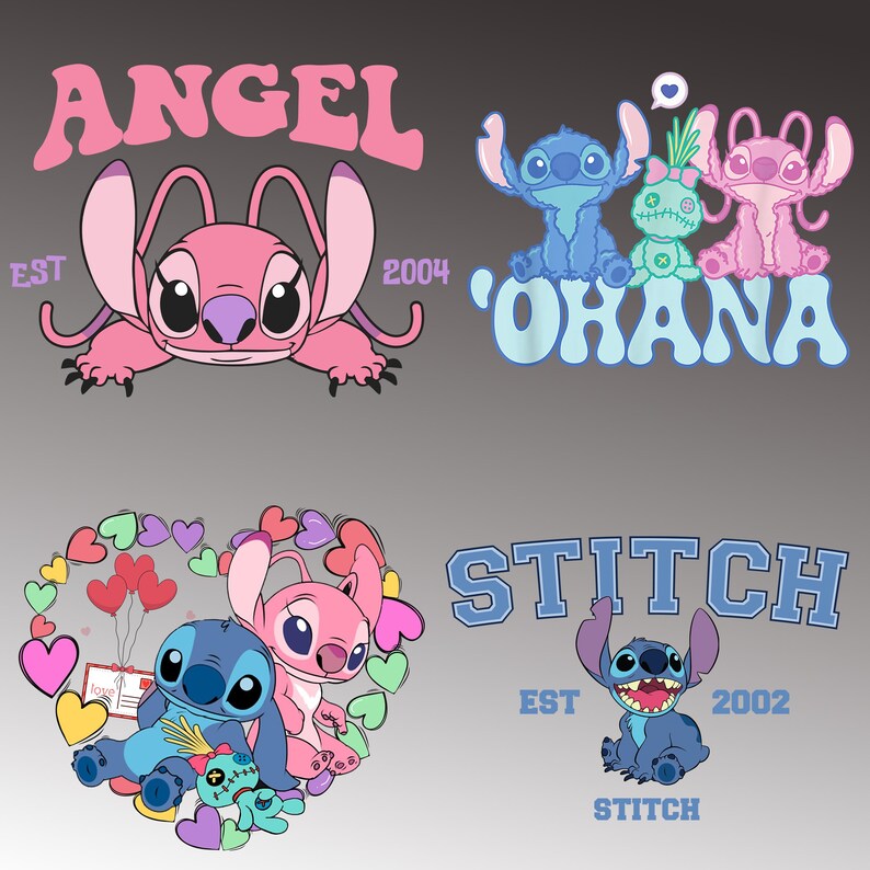 May include: Four cartoon images featuring characters from Lilo & Stitch. One image shows a pink character with the word "ANGEL" above it and "EST 2004" below. Another shows blue and pink characters with the word "OHANA". The third shows the characters in a heart shape. The last shows a blue character with the word "STITCH" and "EST 2002".