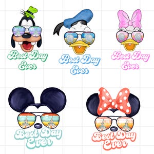 Bundle Png de lunettes de soleil le plus beau jour, Mickey Minnie Donald Pluto Summer Clipart ensemble pour chemises de voyage en famille ou sublimation, téléchargement immédiat