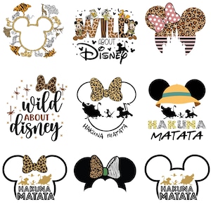 May include: Nine different designs featuring a Mickey Mouse silhouette with various Disney characters and text. The designs include "Wild About Disney", "Hakuna Matata", and a leopard print bow.