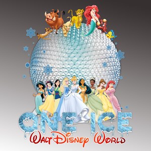 Può includere: Una grafica con personaggi Disney, tra cui principesse e personaggi de Il Re Leone, in cima a una sfera geometrica. Il testo "ONE ICE Walt Disney World" è visualizzato in un carattere stilizzato e ghiacciato.