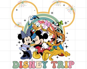 May include: A colorful graphic featuring Mickey Mouse, Minnie Mouse, Donald Duck, Daisy Duck, Goofy, and Pluto. The characters are set against a rainbow background with a Mickey Mouse ear outline and the words "DISNEY TRIP" in a retro font.
