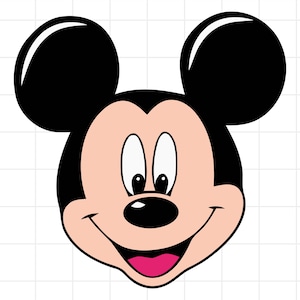 May include: A cartoon illustration of Mickey Mouse's face. The character has large black ears, a black nose, and a smiling mouth with a pink tongue. The face is a light peach color, with white eyes and black pupils.