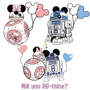 Könnte beinhalten: Eine Illustration von BB-8 und R2-D2 mit Mickey Mouse Ohren und Ballons. BB-8 hat eine rosa Schleife und R2-D2 eine blaue Schleife. Der Text "Will you BB-mine?" steht darunter, in einem verspielten, romantischen Design.