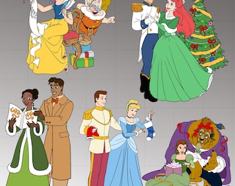May include: A collection of cartoon illustrations featuring Disney characters in festive holiday attire. Snow White writes on a scroll, Ariel and Prince Eric dance, and Belle and Beast exchange gifts. Other characters include Tiana, Prince Naveen, Cinderella, and Prince Charming.