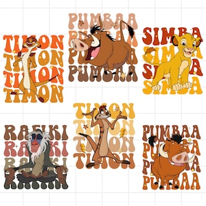May include: A collection of six cartoon character designs from The Lion King. The characters include Timon, Pumbaa, Simba, Rafiki, and others. Each design features the character's name in a retro font with star and lightning bolt accents.