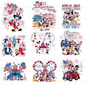 May include: Nine graphic designs featuring Disney characters celebrating the 4th of July. Designs include Mickey Mouse, Minnie Mouse, Donald Duck, and Stitch, with patriotic themes, fireworks, and the text "Happy 4th of July" and "America".